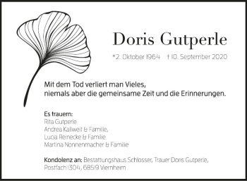 Traueranzeige von Doris Gutperle von Südhessen Morgen