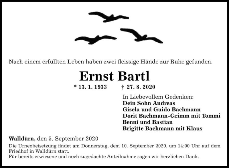  Traueranzeige für Ernst Bartl vom 05.09.2020 aus Fränkische Nachrichten