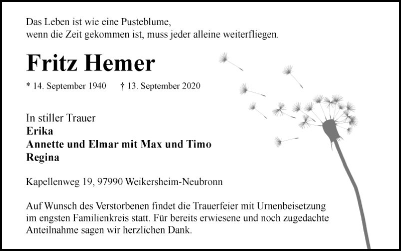  Traueranzeige für Fritz Hemer vom 16.09.2020 aus Fränkische Nachrichten