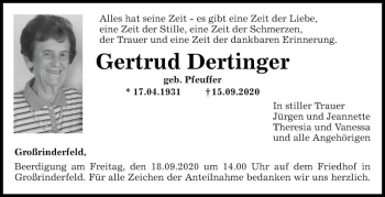 Traueranzeige von Gertrud Dertinger von Fränkische Nachrichten