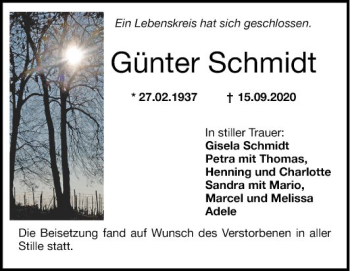 Traueranzeige von Günter Schmidt von Mannheimer Morgen