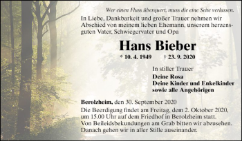 Traueranzeige von Hans Bieber von Fränkische Nachrichten
