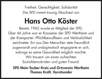 Traueranzeige von Hans Otto Köster von Fränkische Nachrichten