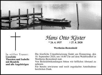 Traueranzeige von Hans Otto Köster von Fränkische Nachrichten