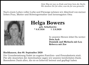 Traueranzeige von Helga Bowers von Fränkische Nachrichten