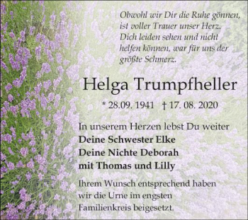 Traueranzeige von Helga Trumpfheller von Fränkische Nachrichten