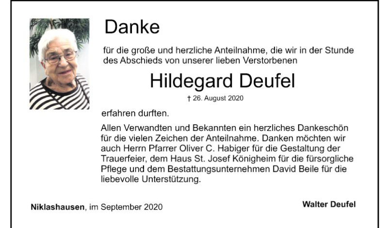  Traueranzeige für Hildegard Deufel vom 19.09.2020 aus Fränkische Nachrichten