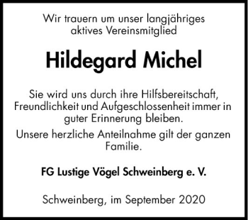 Traueranzeige von Hildegard Michel von Fränkische Nachrichten