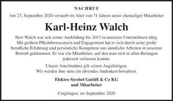 Traueranzeige von Karl-Heinz Walch von Fränkische Nachrichten