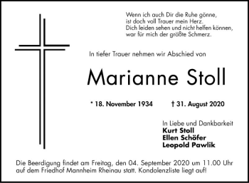 Traueranzeige von Marianne Stoll von Mannheimer Morgen
