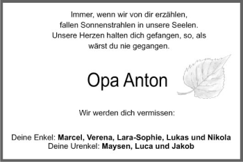 Traueranzeige von Opa Anton  von Fränkische Nachrichten