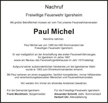 Traueranzeige von Paul Michel von Fränkische Nachrichten