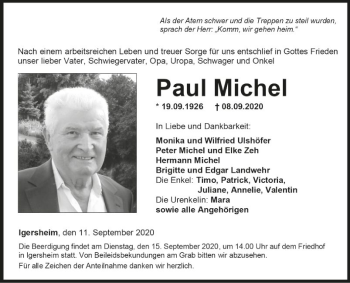 Traueranzeige von Paul Michel von Fränkische Nachrichten