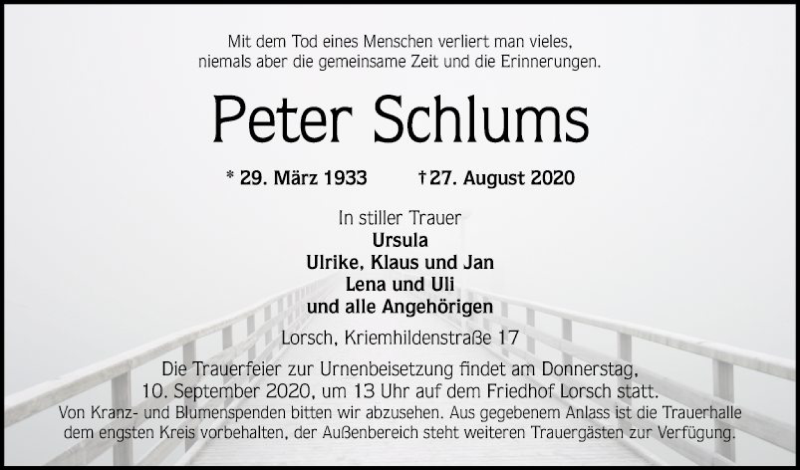  Traueranzeige für Peter Schlums vom 05.09.2020 aus Bergsträßer Anzeiger