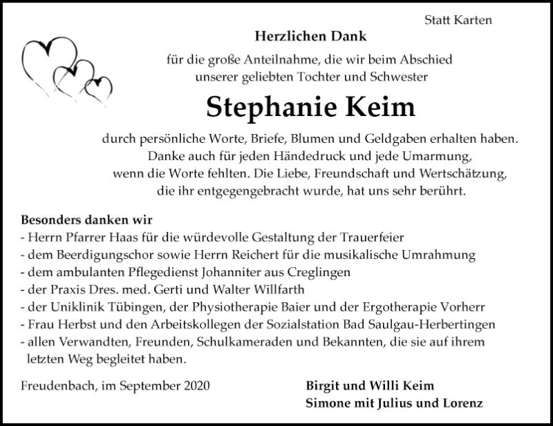 Traueranzeige für Stephanie Keim vom 22.09.2020 aus Fränkische Nachrichten