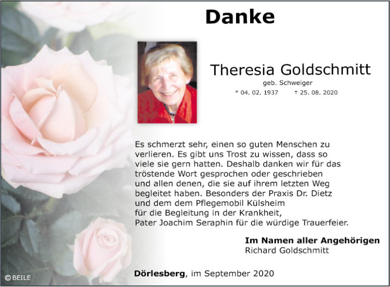  Traueranzeige für Theresia Goldschmitt vom 22.09.2020 aus Fränkische Nachrichten