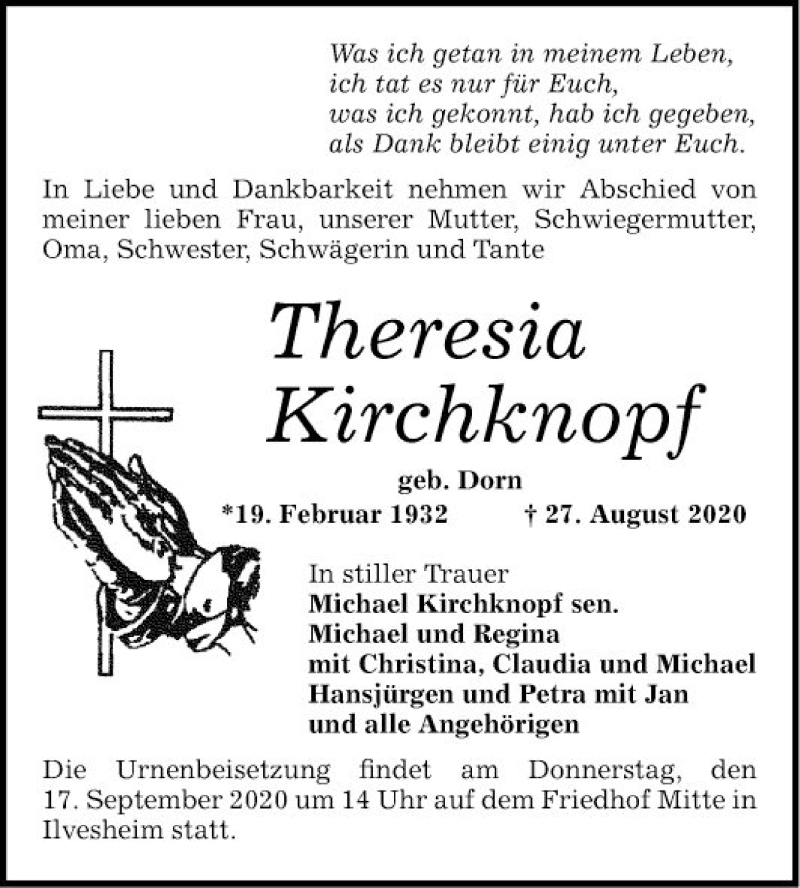  Traueranzeige für Theresia Kirchknopf vom 05.09.2020 aus Mannheimer Morgen