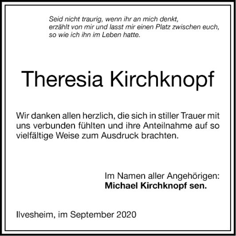  Traueranzeige für Theresia Kirchknopf vom 26.09.2020 aus Mannheimer Morgen