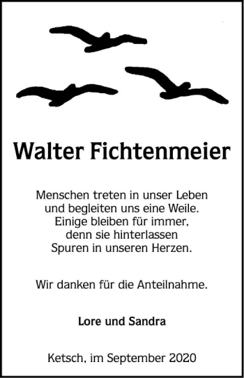 Traueranzeige von Walter Fichtenmeier von Schwetzinger Zeitung