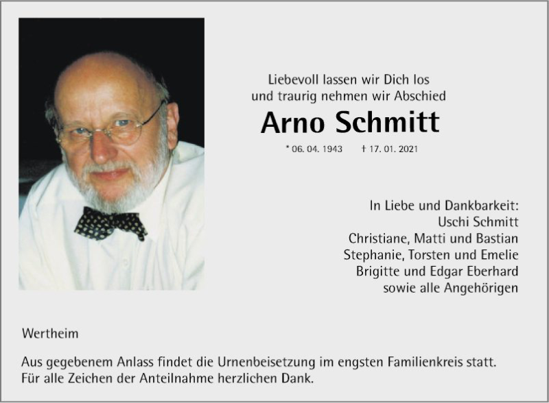  Traueranzeige für Arno Schmitt vom 21.01.2021 aus Fränkische Nachrichten