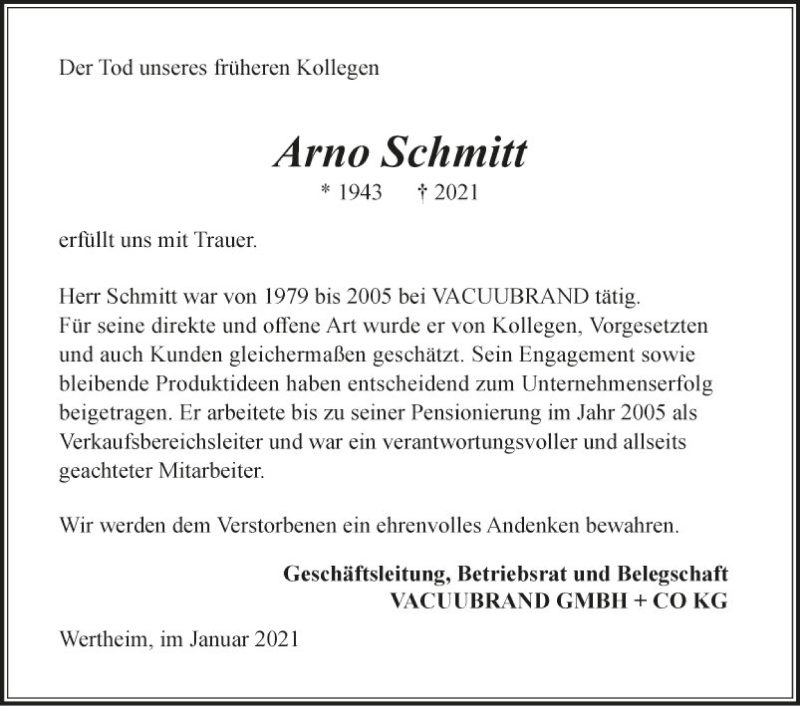  Traueranzeige für Arno Schmitt vom 23.01.2021 aus Fränkische Nachrichten