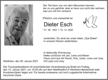 Traueranzeige von Dieter Esch von Fränkische Nachrichten