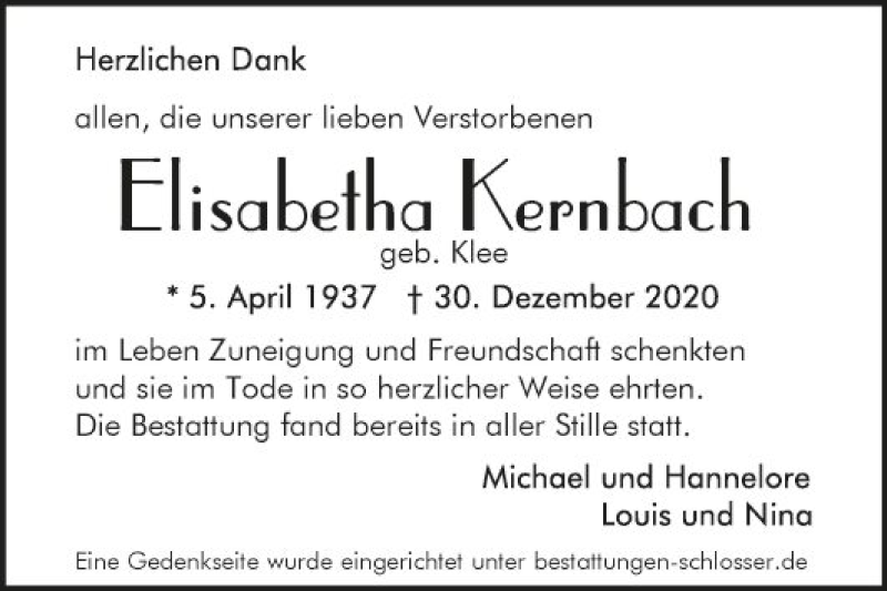  Traueranzeige für Elisabetha Kernbach vom 09.01.2021 aus Südhessen Morgen