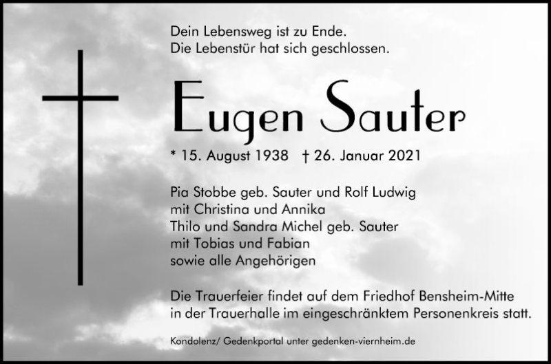  Traueranzeige für Eugen Sauter vom 30.01.2021 aus Bergsträßer Anzeiger