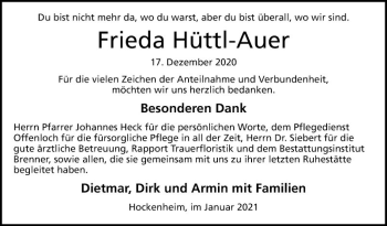 Traueranzeige von Frieda Hüttl-Auer von Schwetzinger Zeitung