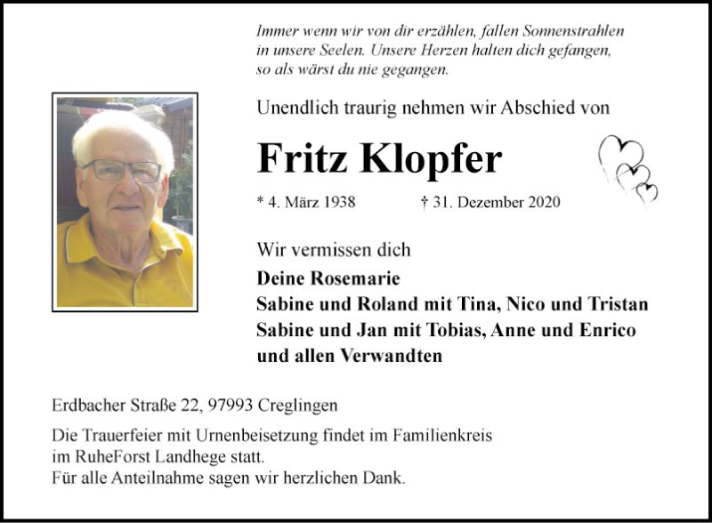  Traueranzeige für Fritz Klopfer vom 05.01.2021 aus Fränkische Nachrichten