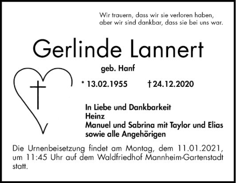  Traueranzeige für Gerlinde Lannert vom 09.01.2021 aus Mannheimer Morgen