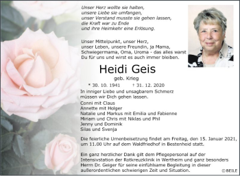 Traueranzeige von Heidi Geis von Fränkische Nachrichten