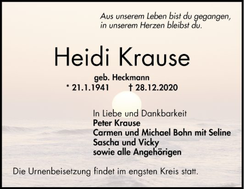  Traueranzeige für Heidi Krause vom 16.01.2021 aus Mannheimer Morgen
