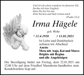 Traueranzeige von Irma Hägele von Mannheimer Morgen