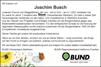 Traueranzeige von Joachim Busch von Fränkische Nachrichten