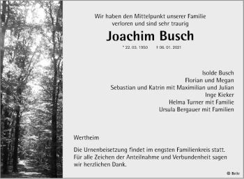 Traueranzeige von Joachim Busch von Fränkische Nachrichten
