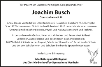Traueranzeige von Joachim Busch von Fränkische Nachrichten
