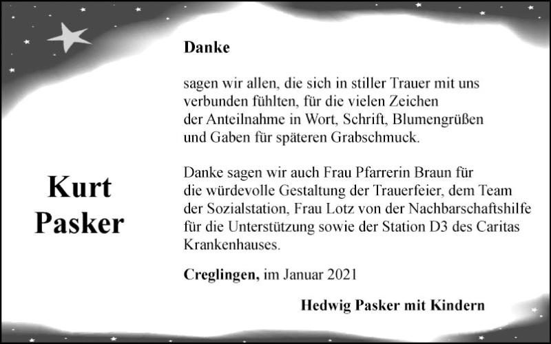  Traueranzeige für Kurt Pasker vom 09.01.2021 aus Fränkische Nachrichten