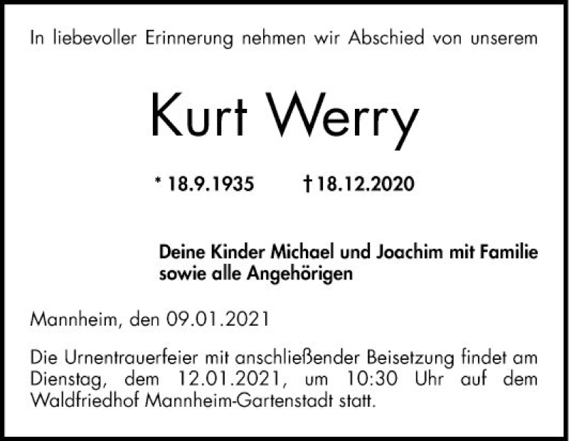  Traueranzeige für Kurt Werry vom 09.01.2021 aus Mannheimer Morgen