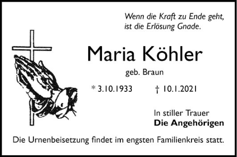  Traueranzeige für Maria Köhler vom 16.01.2021 aus Mannheimer Morgen