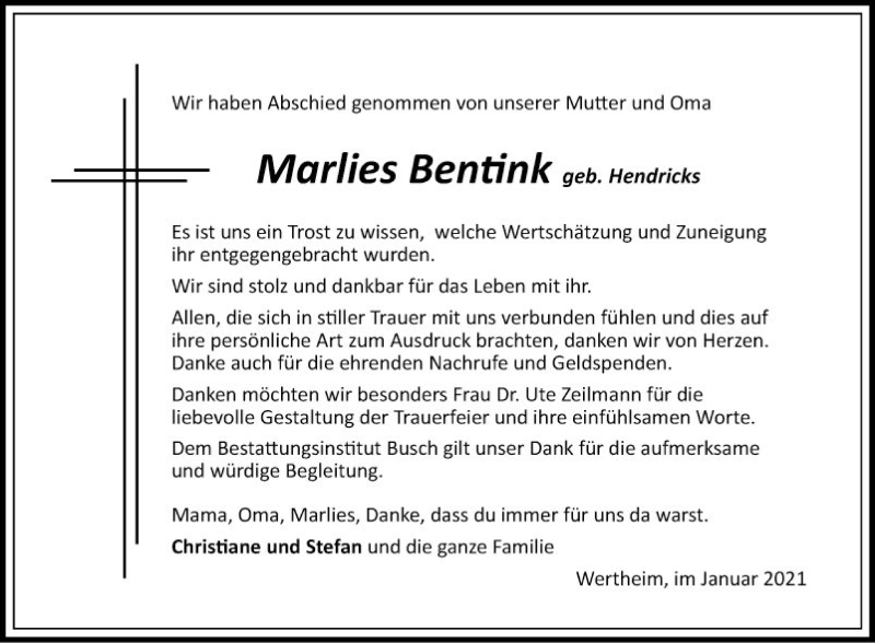  Traueranzeige für Marlies Bentink vom 30.01.2021 aus Fränkische Nachrichten