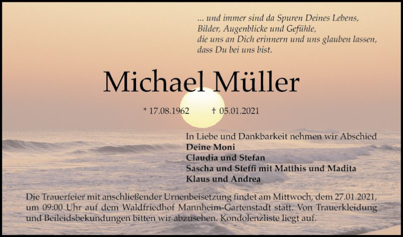  Traueranzeige für Michael Müller vom 23.01.2021 aus Mannheimer Morgen