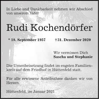 Traueranzeige von Rudi Kochendörfer von Bergsträßer Anzeiger