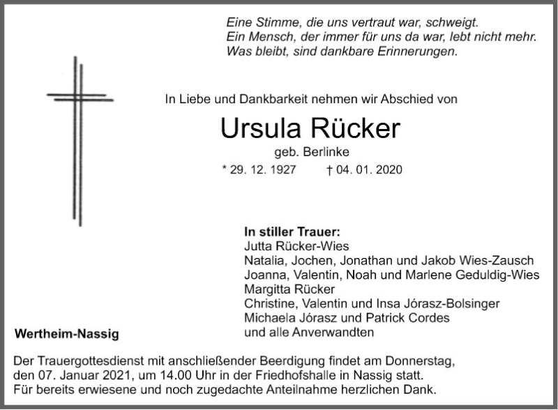  Traueranzeige für Ursula Rücker vom 07.01.2021 aus Fränkische Nachrichten