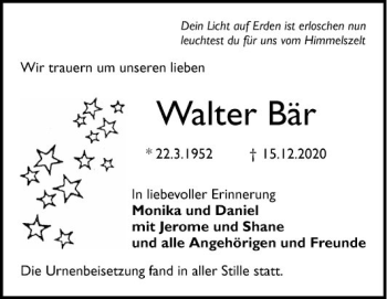 Traueranzeige von Walter Bär von Mannheimer Morgen