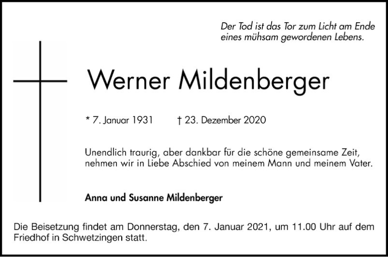  Traueranzeige für Werner Mildenberger vom 02.01.2021 aus Schwetzinger Zeitung