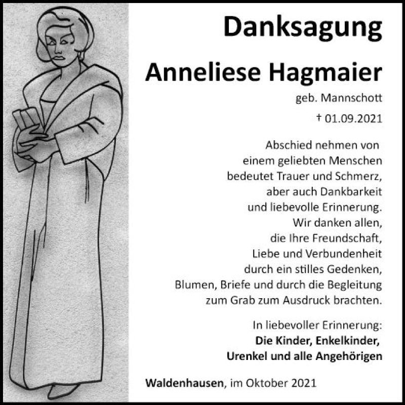  Traueranzeige für Anneliese Hagmaier vom 09.10.2021 aus Fränkische Nachrichten