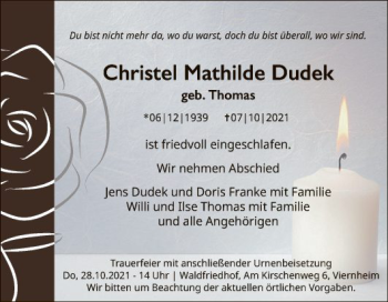 Traueranzeige von Christel Mathilde Dudek von Südhessen Morgen