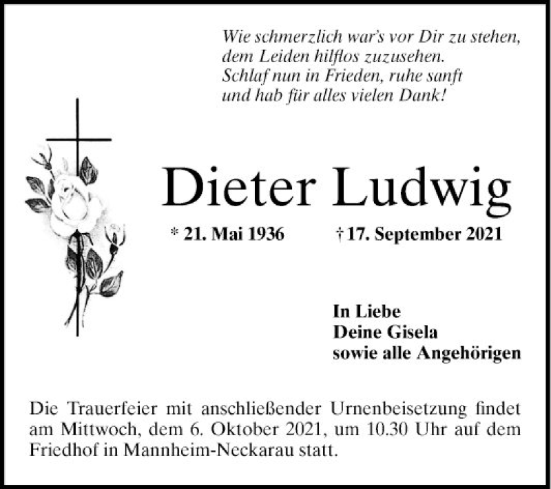  Traueranzeige für Dieter Ludwig vom 02.10.2021 aus Mannheimer Morgen