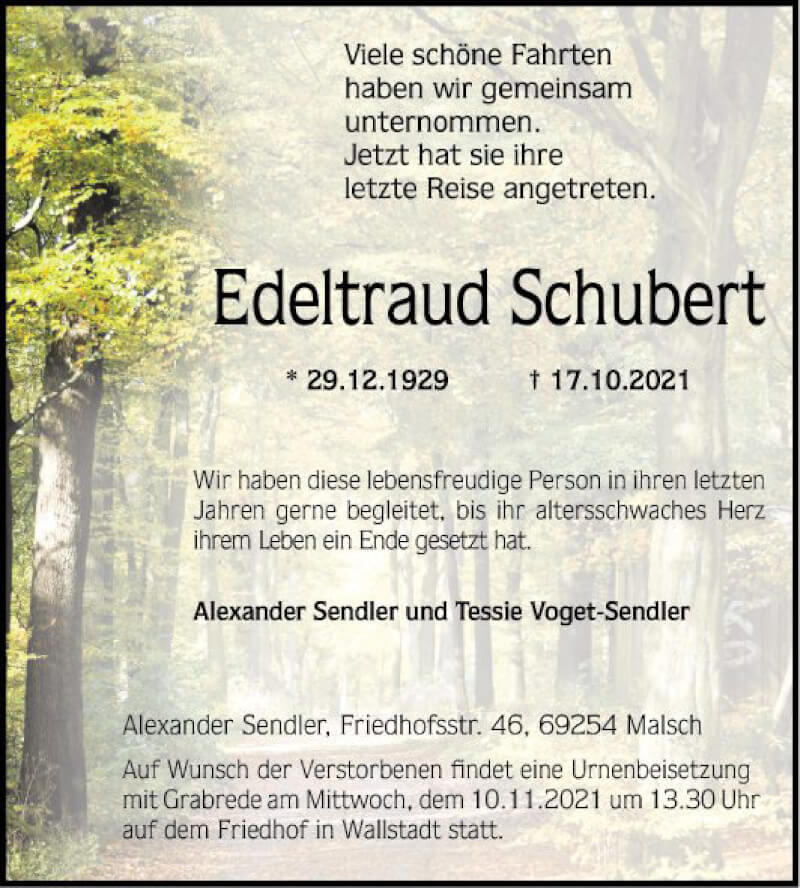  Traueranzeige für Edeltraud Schubert vom 30.10.2021 aus Mannheimer Morgen